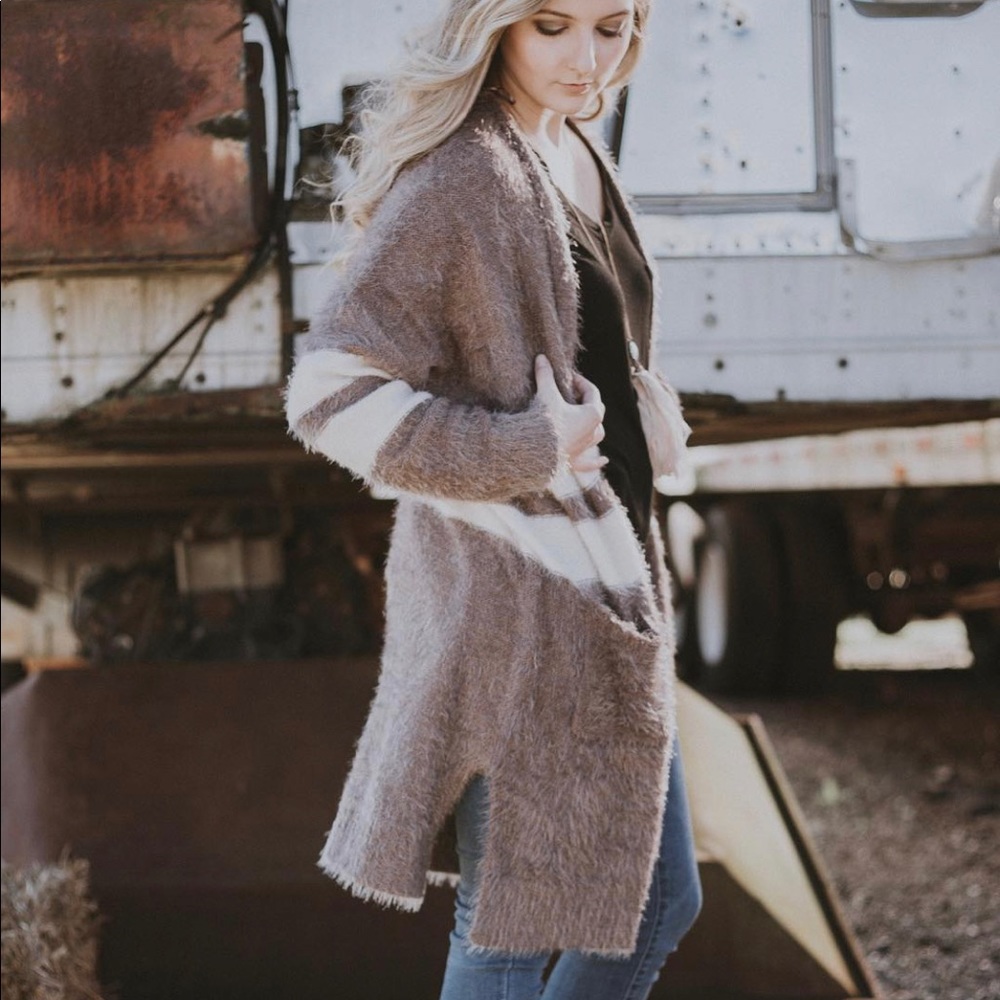 Fuzzy Mauve Striped Cardigan